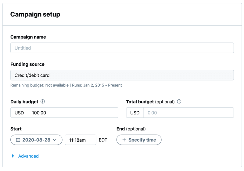 twitter campaign setup details including campaign name, funding source, daily budget, total budget, and start and end dates