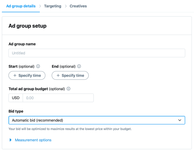 twitter campaign ad group details including ad group name, start and end dates, total ad group budget, and bid type