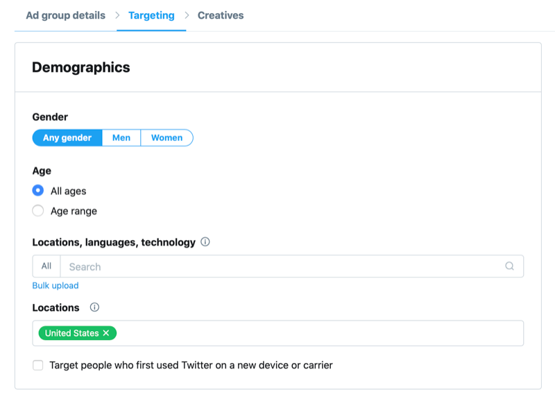 twitter campaign targeting details demographics including gender, age, locations, languages, technology, and locations