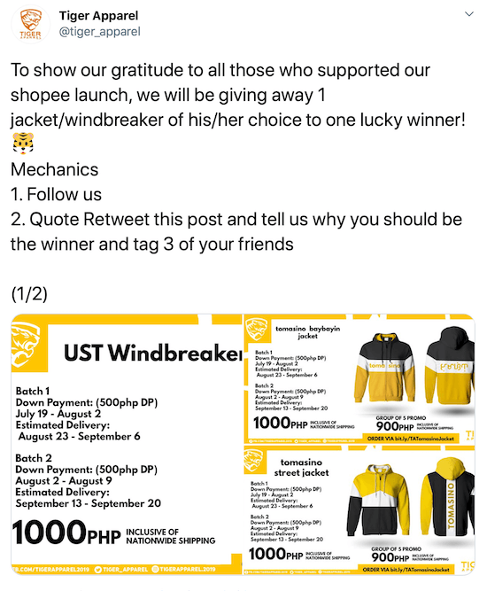 screenshot of a twitter post offering a giveaway of a windbreaker/jacket