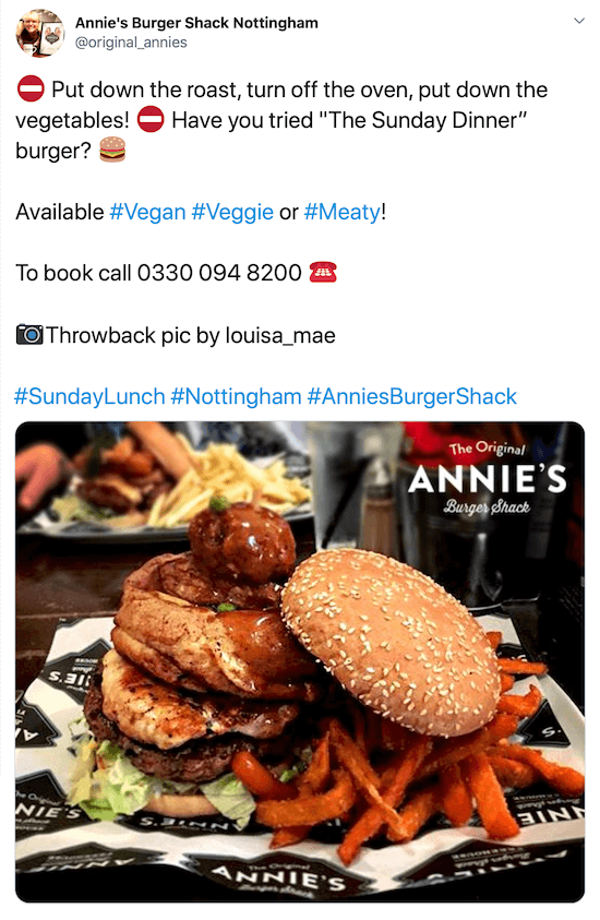 screenshot of twitter post by @original_annies with a picture of a burger and sweet potato fries under a catchy description, their phone number, picture credit, and hashtags