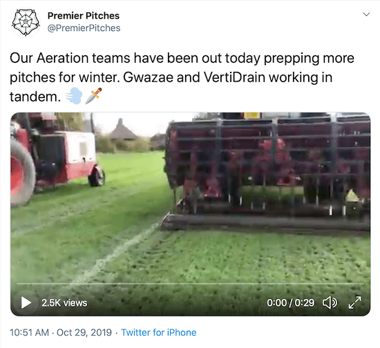 screenshot of twitter post by @premierpitches showing their team aerating their fields