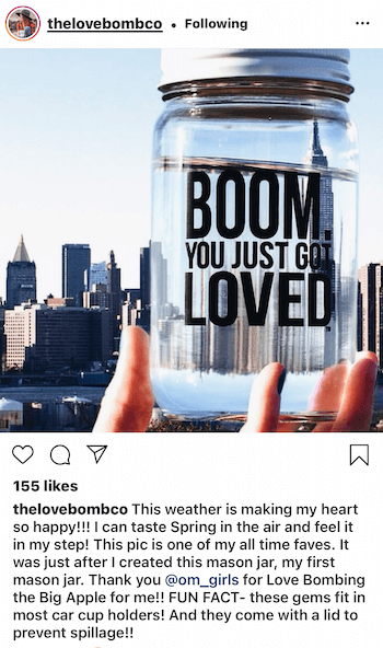 instagram post by @thelovebombco showing user-generated content of their product featured in new york city