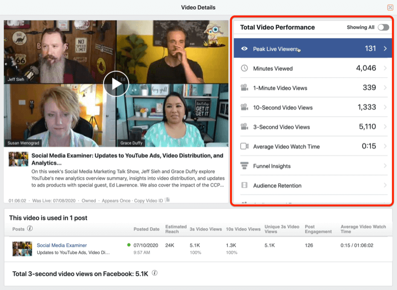 example of video data from facebook insights with total video performance data highlighted