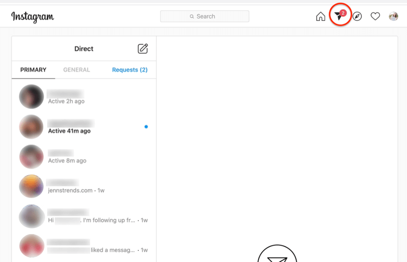 screenshot of instagram direct messages dashboard with the paper-airplane icon highlighted