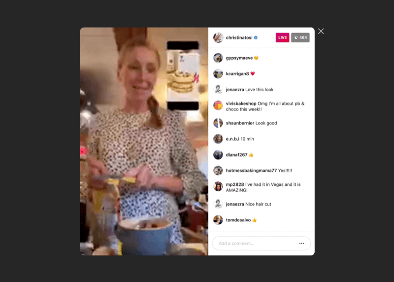 screenshot example of an instagram live by @christinatosi with a vertical 9:16 video on the left and comments on the right