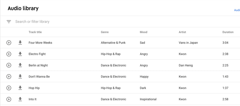 example of the youtube audio library and songs available for creator use