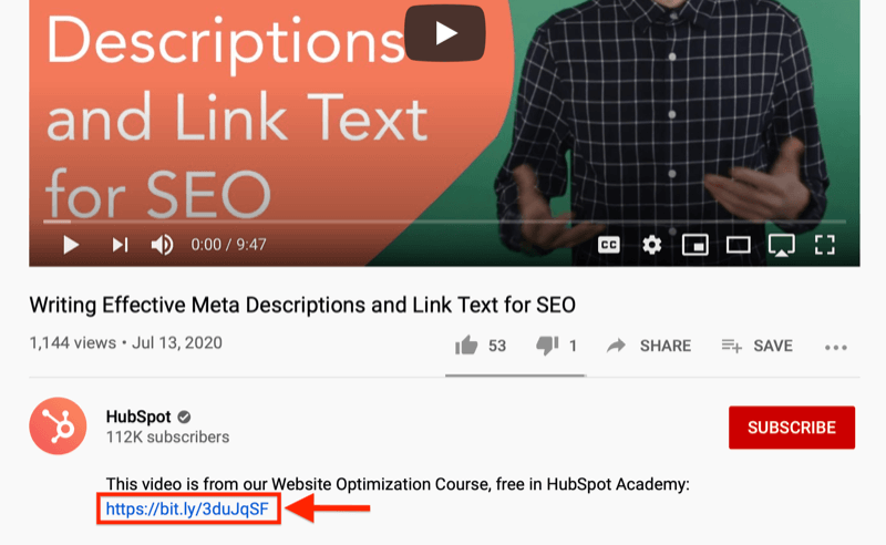 youtube video screenshot highlighting a lead-capture offer in the video description off a website optimization course