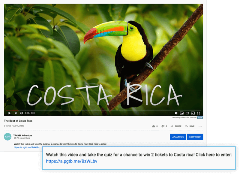 highlighted youtube video description with an offer to watch the video and take the quiz for a chance to win 2 ticket to costa rica