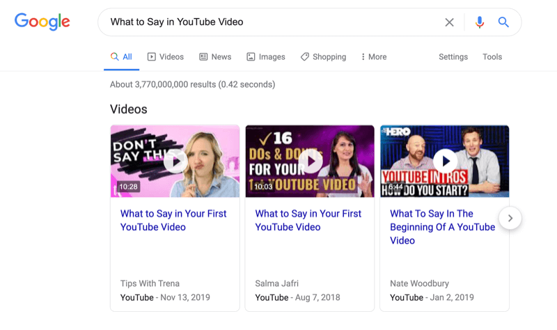 screenshot of a google search for what to say in youtube video with the video search results noted