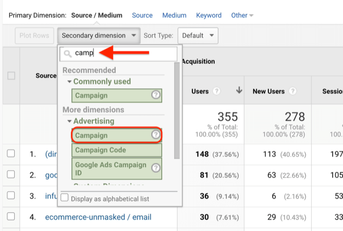 example google analytics screenshot showing the search for campaign under secondary dimension