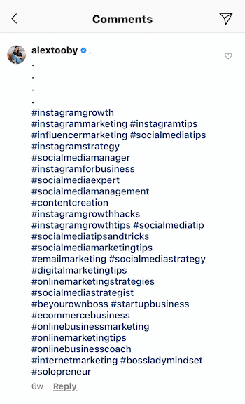 example of an instagram post comment by @alextooby comprised of 30 relevant hashtags