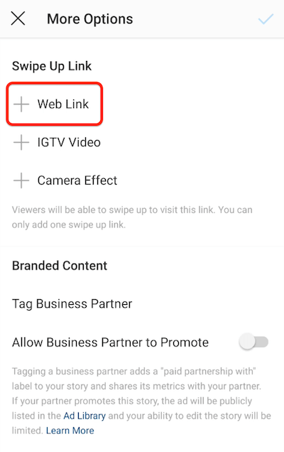 instagram menu options to add a swipe up link with web link option highlighted