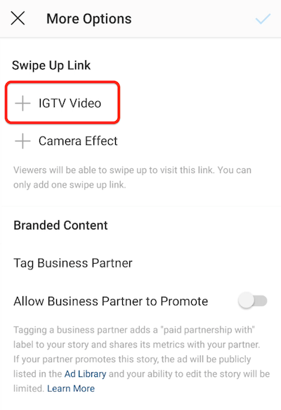 instagram menu options to add a swipe up link with IGTV video option highlighted