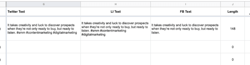 example of google sheet with partial data filled out in the twitter text, linkedin text, facebook text cells