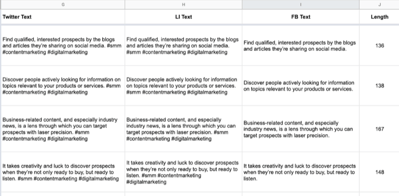 continued example of google sheet with partial data filled out in the twitter, linkedin, and facebook text cells with the length field being calculated