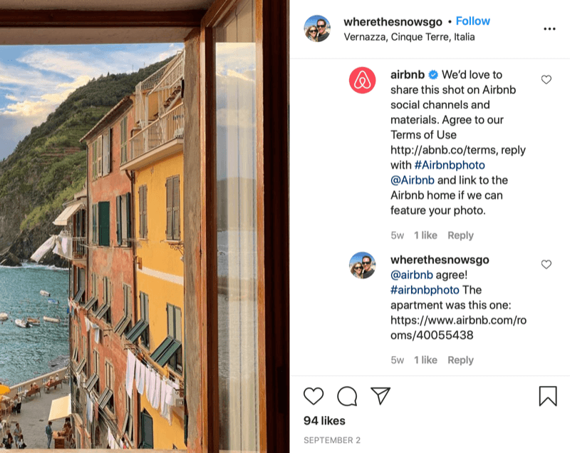 instagram written repost permission example between @wherethesnowsgo and @airbnb with airbnb asking to share the photo and info regarding how to provide approval, and the reply by @wherethesnowsgo authorizing the reshare of the picture