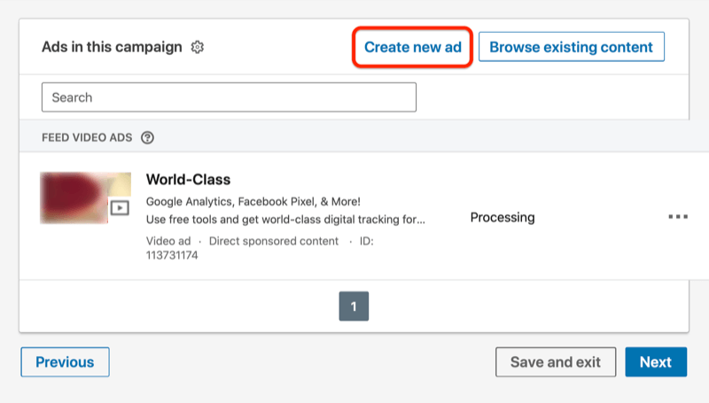 linkedin campaign dashboard with new video ad listed and the create new ad button highlighted