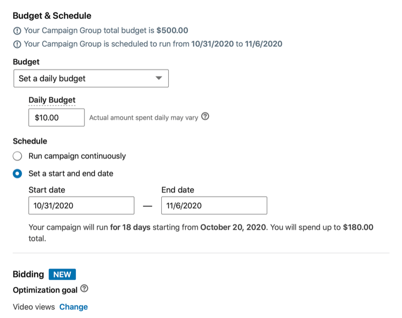 linkedin ad campaign budget & schedule menu options including bidding as a new option