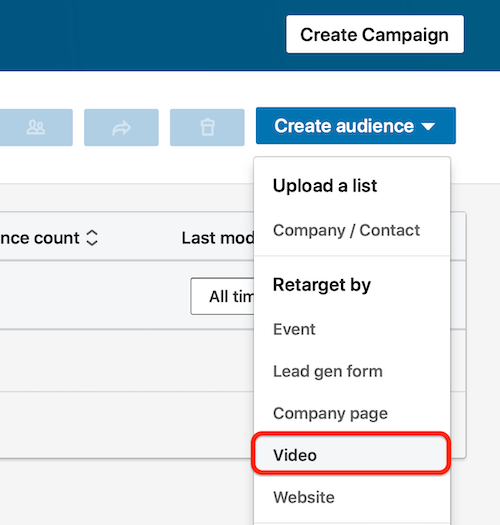 linkedin create audience sub-menu with the video option highlighted