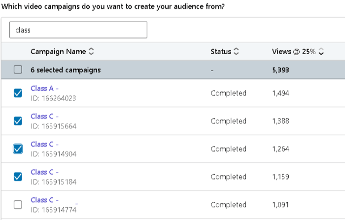 linkedin video audience example video selection screen