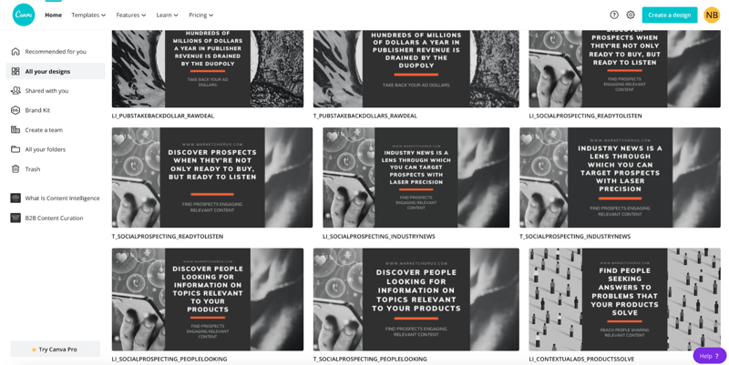 Screenshot-Beispiel von Canva mit verschiedenen Zitat-Bilddesigns, die für jeden Beitrag auf jeder Social Media-Plattform erstellt wurden.