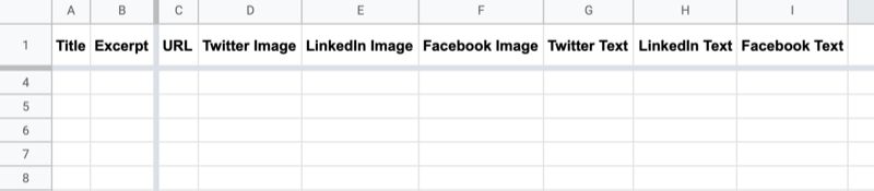 example of google sheet with headers labeled title, excerpt, url, twitter image, linkedin image, facebook image, twitter text, linkedin text, and facebook text