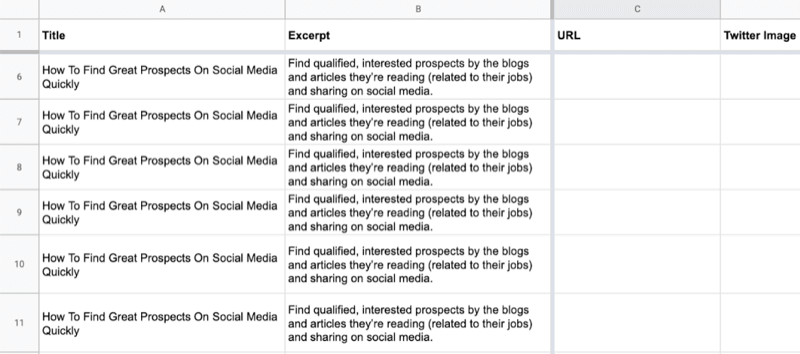 example of google sheet with partial data filled out in the title and excerpt cells for the first 10 rows