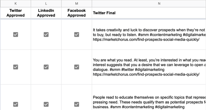 example of google sheet with partial data filled out in the twitter final cells and the platform check box checked
