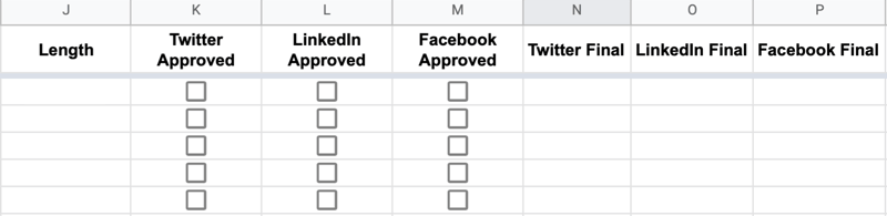 continued example of google sheet headers labeled length, twitter approval, linkedin approval, facebook approval, twitter final, linkedin final, and facebook final