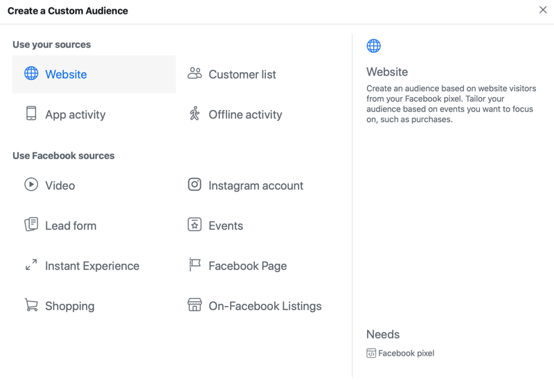 facebook ad custom audience menu options with the website source option selected