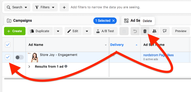 facebook ad manager ad level removal with the ad check box identified, and the trash can icon noted for easy removal of one specific ad