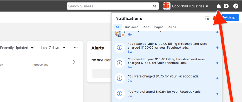 facebook business manager with the notification icon identified