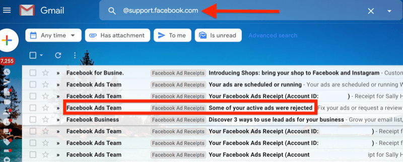 example of a gmail filter for @support.facebook.com to isolate all facebook ad email notifications