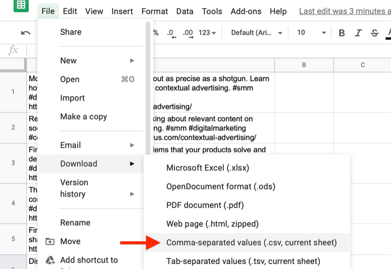 google sheet file menu highlighting the option to download with the comma-separated values option noted