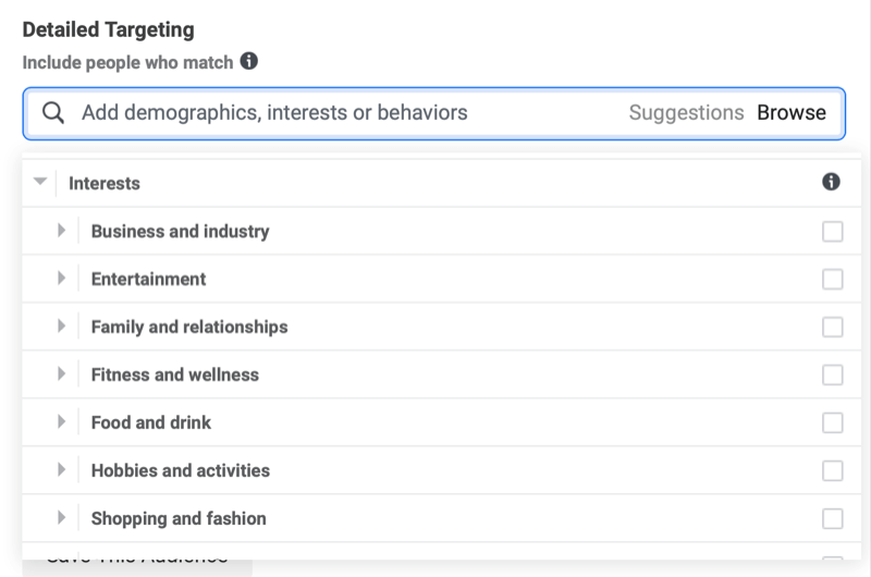 example of different facebook ad detailed targeting options identified