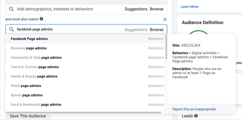 facebook ads demographics settings adding in the 'and must also match' criteria of 'facebook page admins'