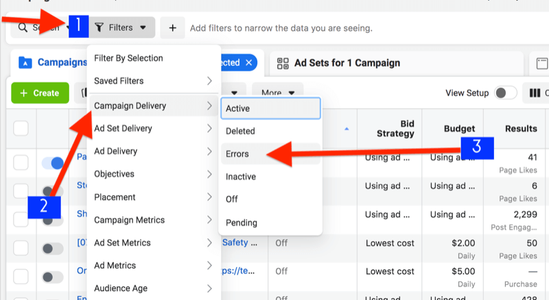 facebook ads manager showing the menu options of filter by campaign delivery narrowed to errors