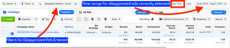 facebook ads manager sample settings showing the filter of campaign delivery: errors next to the filter button, noting the specified date range, and the option to save the filter for future use