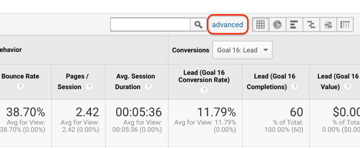 example google analytics screenshot of source / medium utm data sources with the advanced filter highlighted