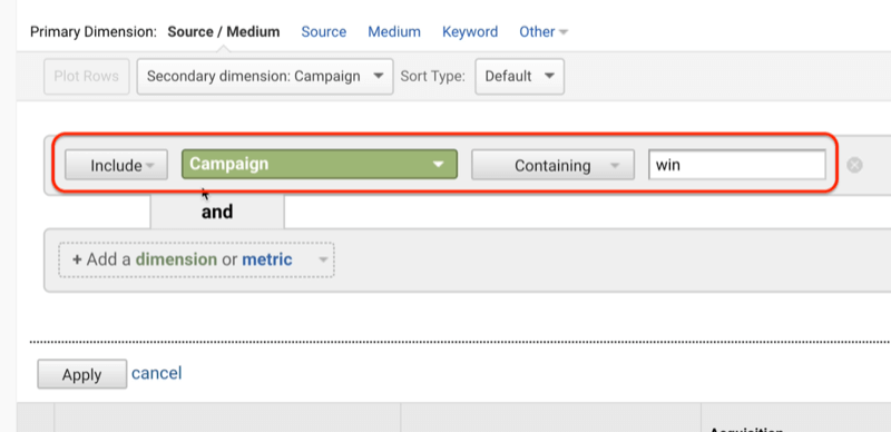 example google analytics screenshot showing the addition of include campaign win under secondary dimension