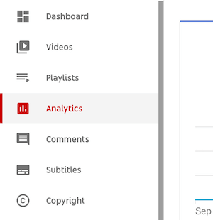 studio.youtube.com dashboard menu with the analytics option highlighted