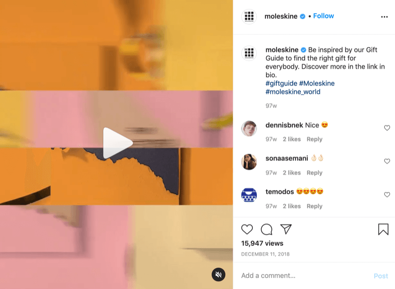 来自@moleskine的instagram礼物创意视频帖子的示例，其中包含号召性用语，将观众引导到生物中的链接，以获取更多信息