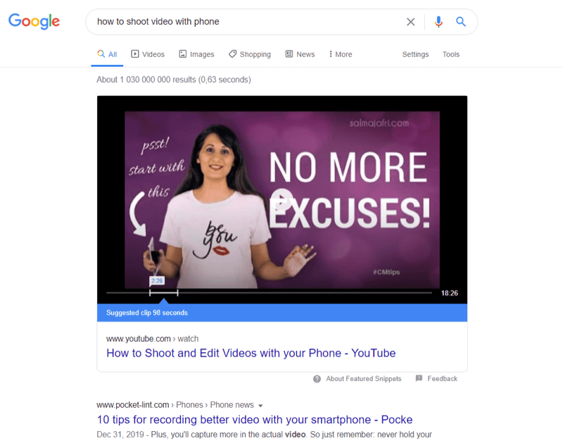 example of top youtube video in google search results for 'how to shoot video with phone' with a suggested clip at 98 seconds to best fulfill the search inquiry