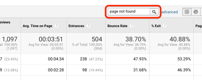 google analytics menu option to search for the phrase 'meu not found' to identify 404 error pages