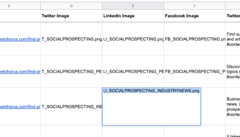 example of google sheet with partial data filled out for twitter, linkedin, facebook image names as just created in canva