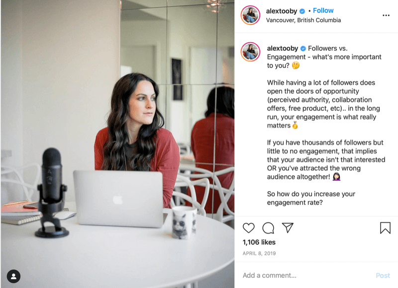 example of an instagram post by @alextooby where the caption starts with the question of 'followers vs. engagement - what's more important to you?'
