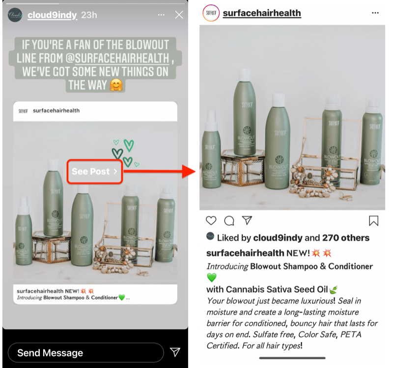 example of instagram post by @surfacehairhealth spotlighting blowout shampoo & conditioner reposted to the instagram story @cloud9indy with the original post clickable from the story repost