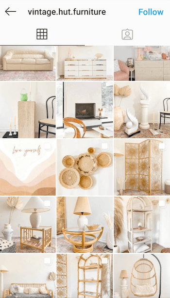 example screenshot of the @vintage.hut.furniture instagram feed showing their yellow-tint for antique styling of image posts in whites, tans, and neutral colors