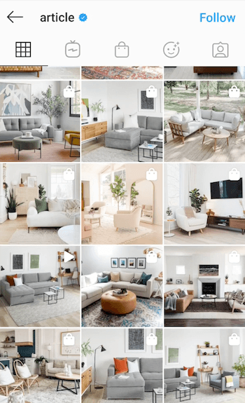 example screenshot of the @article instagram feed showing their modern furniture featured with lots of natural light and a filter styling which incorporates blue